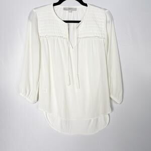 LOFT Ivory XSmall XS Tie Front Blouse Top Quilted Detail Yoke 3/4 Sleeve
